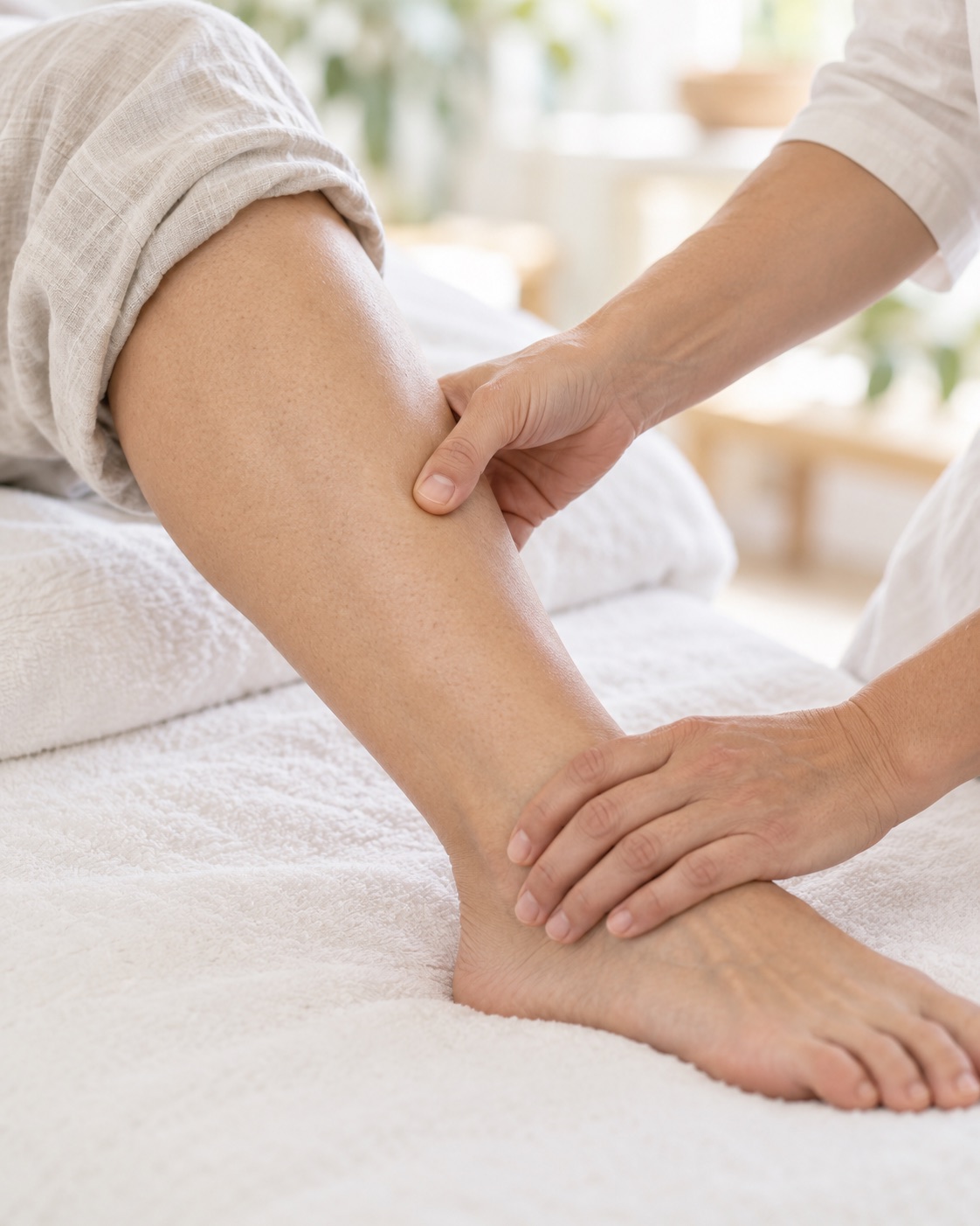 Pouce posé sur un point de l’intérieur de la jambe, l’autre main soutenant la cheville, pendant une séance d’acupressure